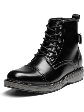 Men's All Black Faux Leather Motorcycle Combat Dress Boots Metal Buckle Strap